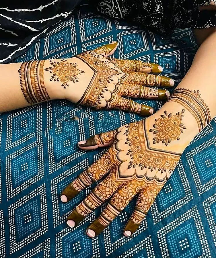 Golden mehndi design on both hands at our Kasur salon